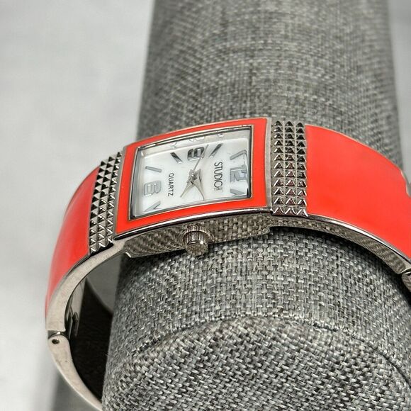 Studio Time Watch Women 21mm Rectangle MOP Dial Red Enamel Cuff Band New Battery - Picture 4 of 11